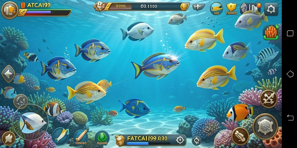 Tampilan gameplay seru dalam FATCAI99 saat menangkap ikan.