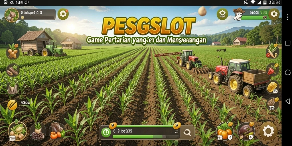 Tangkapan layar menunjukkan gameplay PESGSLOT dengan lahan pertanian yang subur dan aktif.