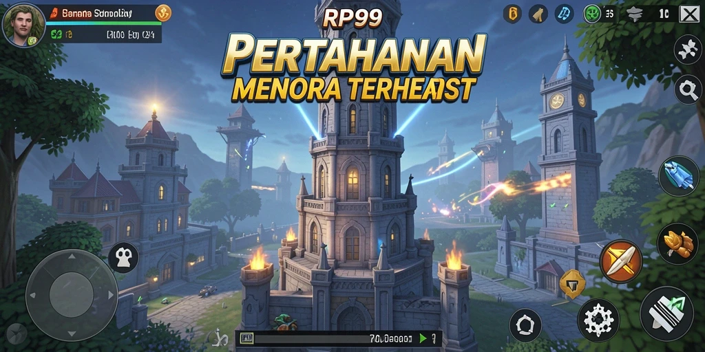 Screenshot gameplay RP99 menampilkan pertahanan menara yang epik.